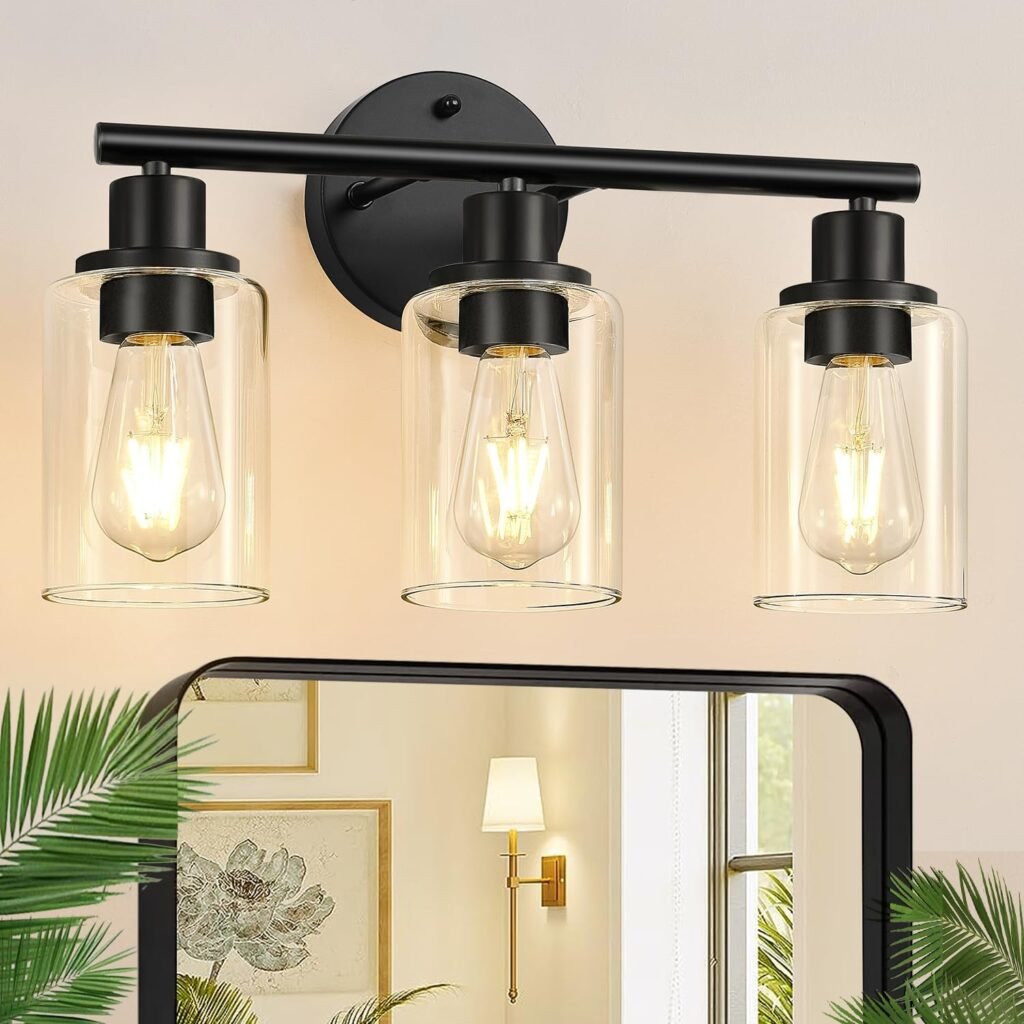 3-Light Bathroom Light Fixtures, Black Modern Vanity Lights with Clear Glass Shade, Bathroom Wall Lamp for Mirror Kitchen Living Room Hallway Cabinet Porch