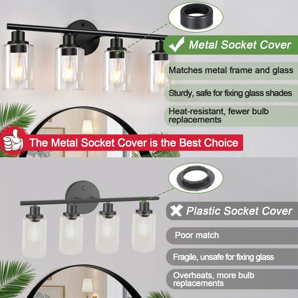 3-Light Bathroom Light Fixtures, Black Modern Vanity Lights with Clear Glass Shade, Bathroom Wall Lamp for Mirror Kitchen Living Room Hallway Cabinet Porch