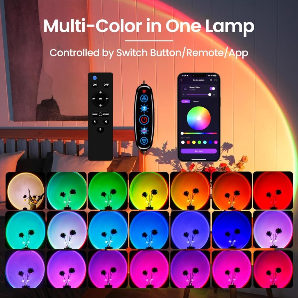 Sunset Lamp Projector Multicolor Changing LED Projection Lamp,Switch Button and APP Control 360 Degree Rotation Sunlight Lamp for Bedroom, Photography, Party, Tiktok Live, Room Decor