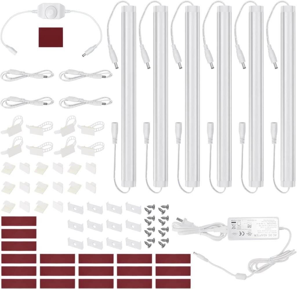 Litever Kitchen Under Cabinet LED Lighting Kit, Super Bright, 6 PCS 12 Inches Light Bars, Plug-in or Hardwire Power Adapter, 31W 2000 Lumen, for Cabinet Counter Shelf Workbench (Daylight White 5000K)