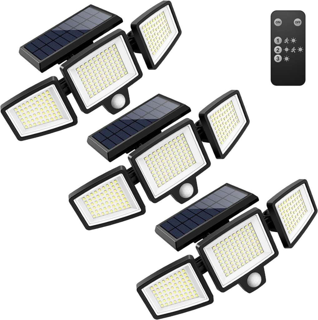 Tuffenough Solar Outdoor Lights 2500LM 210 LED Security Lights with Remote Control,3 Heads Motion Sensor Lights, IP65 Waterproof,270° Wide Angle Flood Wall Lights with 3 Modes(3 Packs)