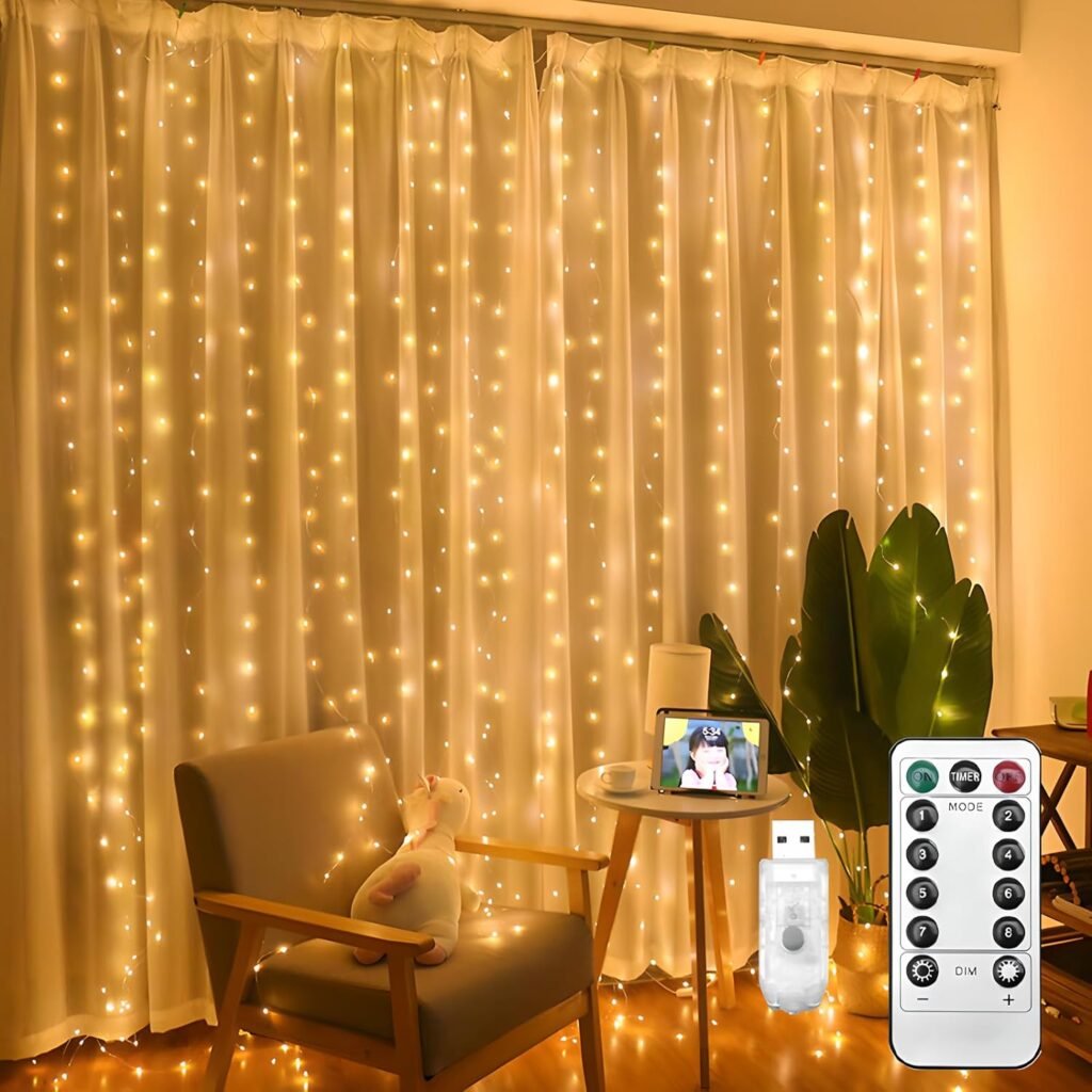 hyrion 300Led Curtain Lights, 8 Mode Christmas Window Fairy Light with Remote, USB Plug in String Hanging Lights for Bedroom Wedding Party Outdoor Indoor Wall Decoration (9.8ft*9.8ft, Warm White)