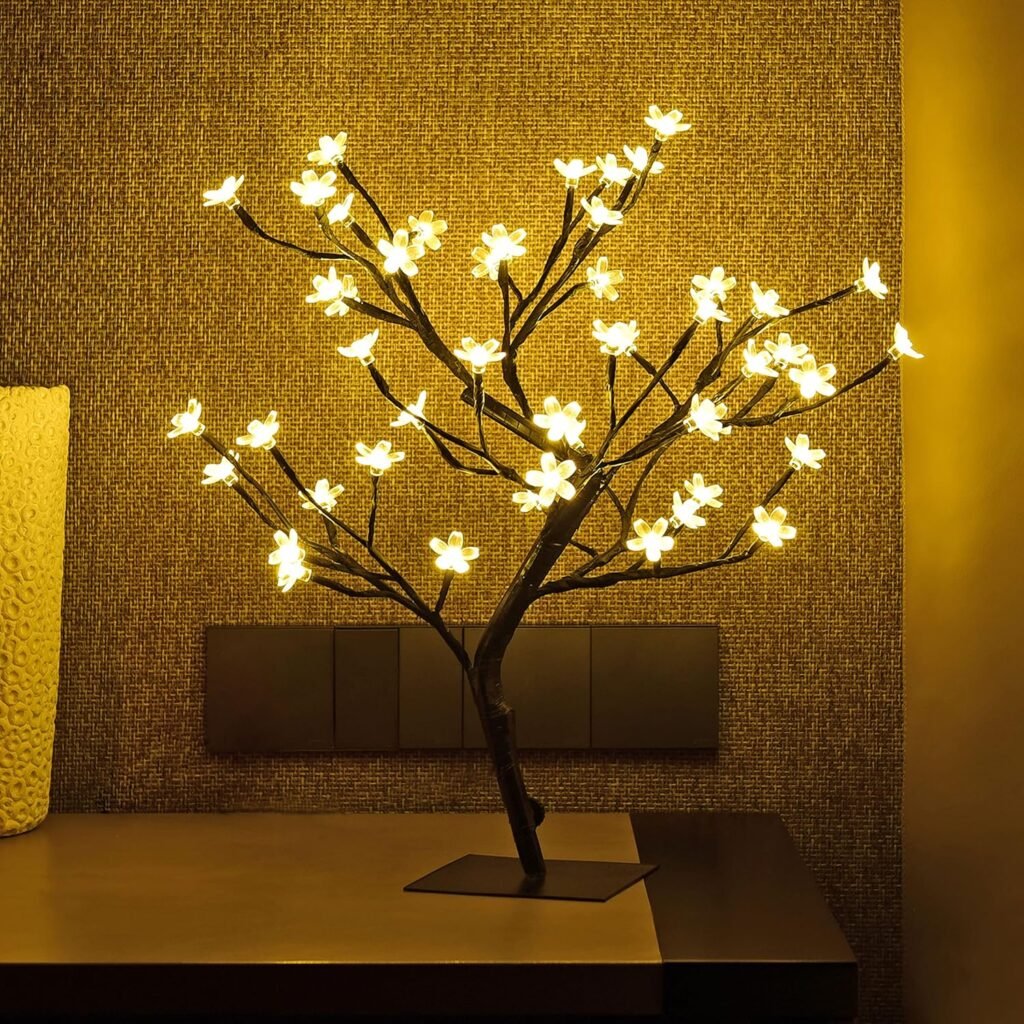 LIGHTSHARE 18 Inch Cherry Blossom Bonsai Tree, 48 LED Lights, 24V UL Listed Adapter Included, Metal Base, Warm White Lights, Ideal as Night Lights, Home Gift Idea