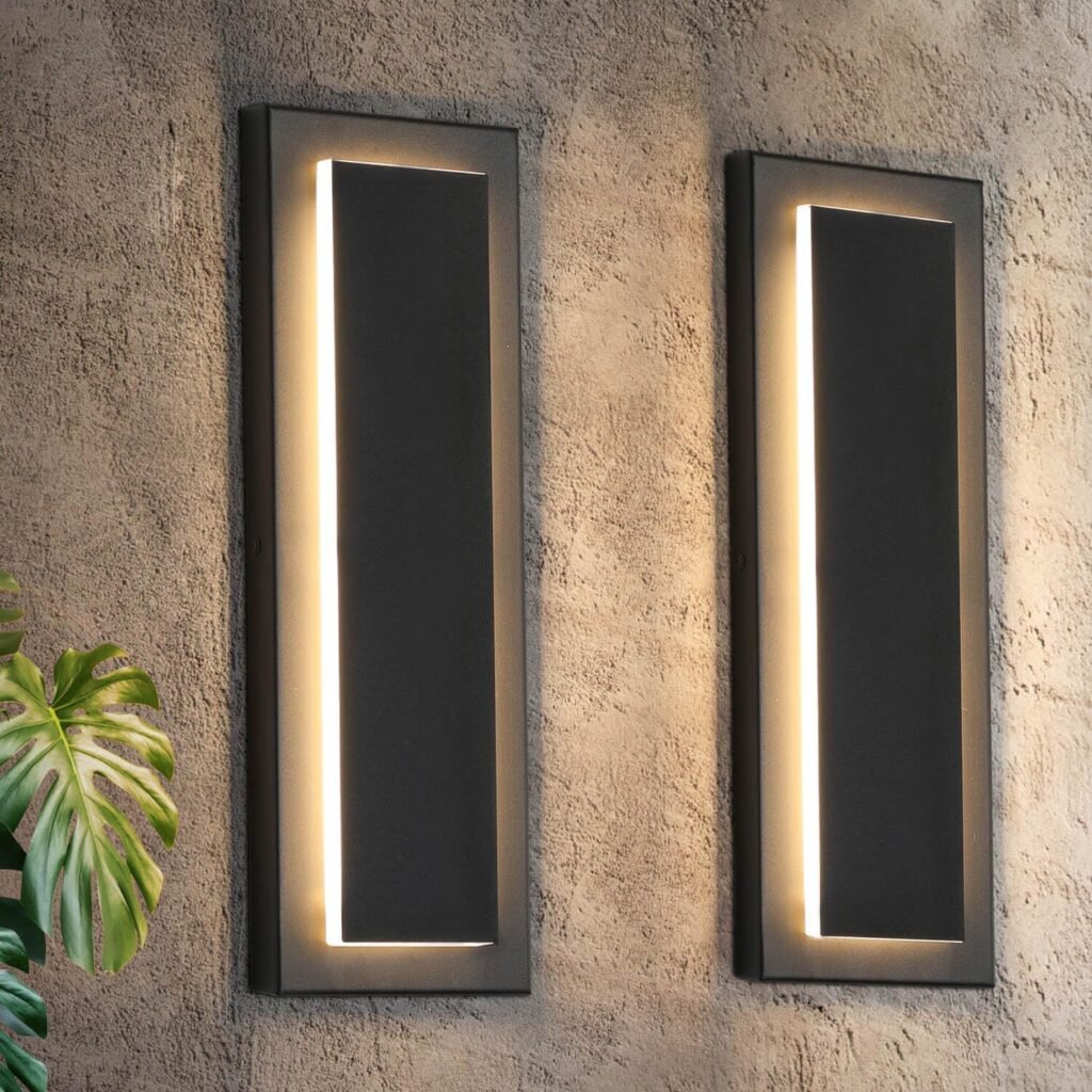 tewei 2 Pack Modern LED Outdoor Wall Lights, Black Exterior Wall Sconce  Indoor Wall Sconce Lighting Fixtures, 15.7 Large Front Door Lights for Entrance, Hallway, 360° Beam Angle, Warm White 3000K