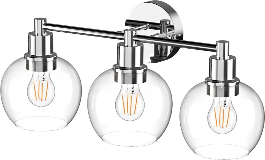 Espird 3 Lights Bathroom Vanity Light Fixtures Chrome, Bathroom Lights Over Mirror, Industrial and Farmhouse 3 Light Wall Sconce, Polished Chrome Globe Vanity Lighting Fixtures