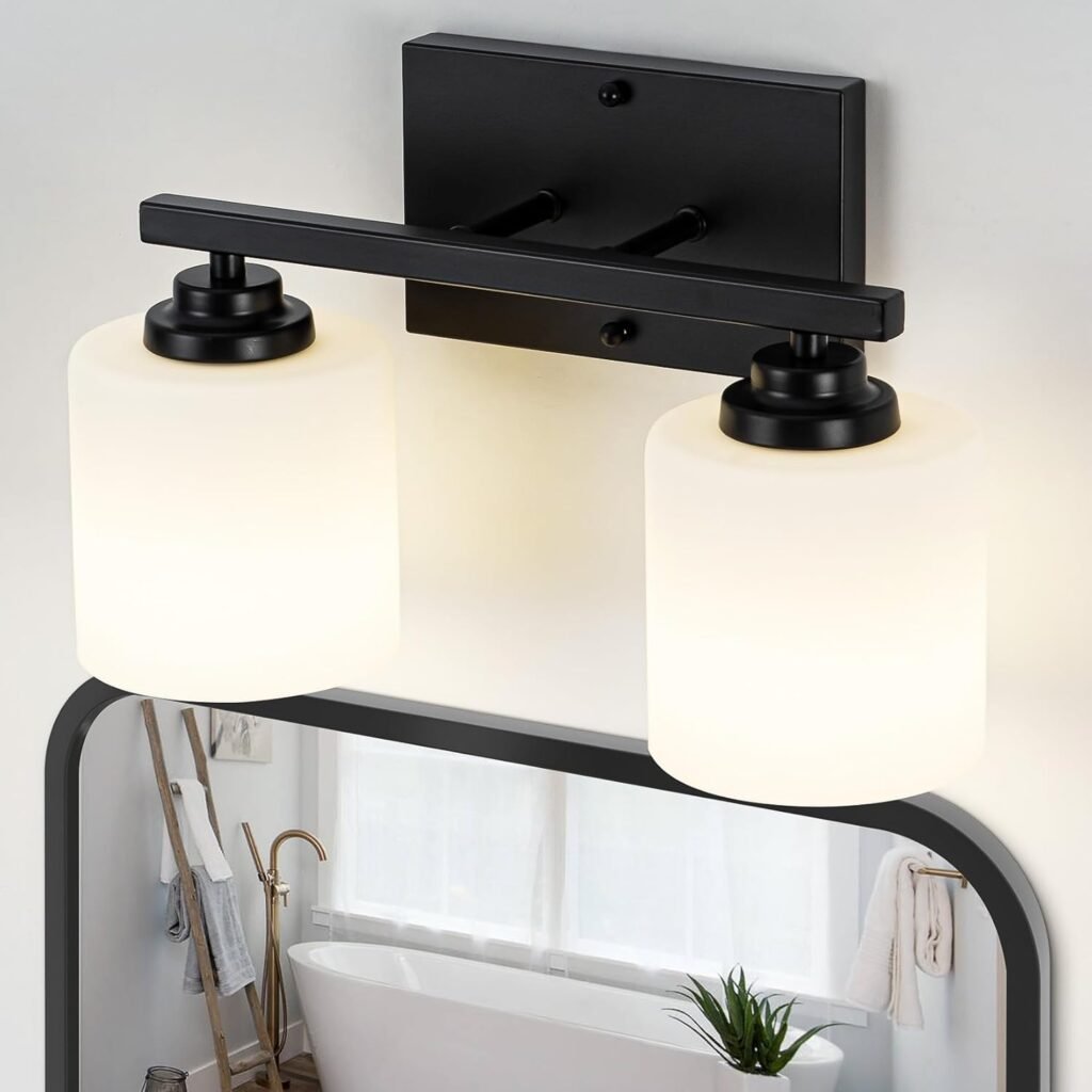 2-Light Black Bathroom Vanity Light Fixtures, Anti-Rust Vanity Lights Fixture for Bathroom, Modern Vanity Wall Sconces for Bedroom, E26 Base, Milky White Glass Shades, Bulbs Not Included