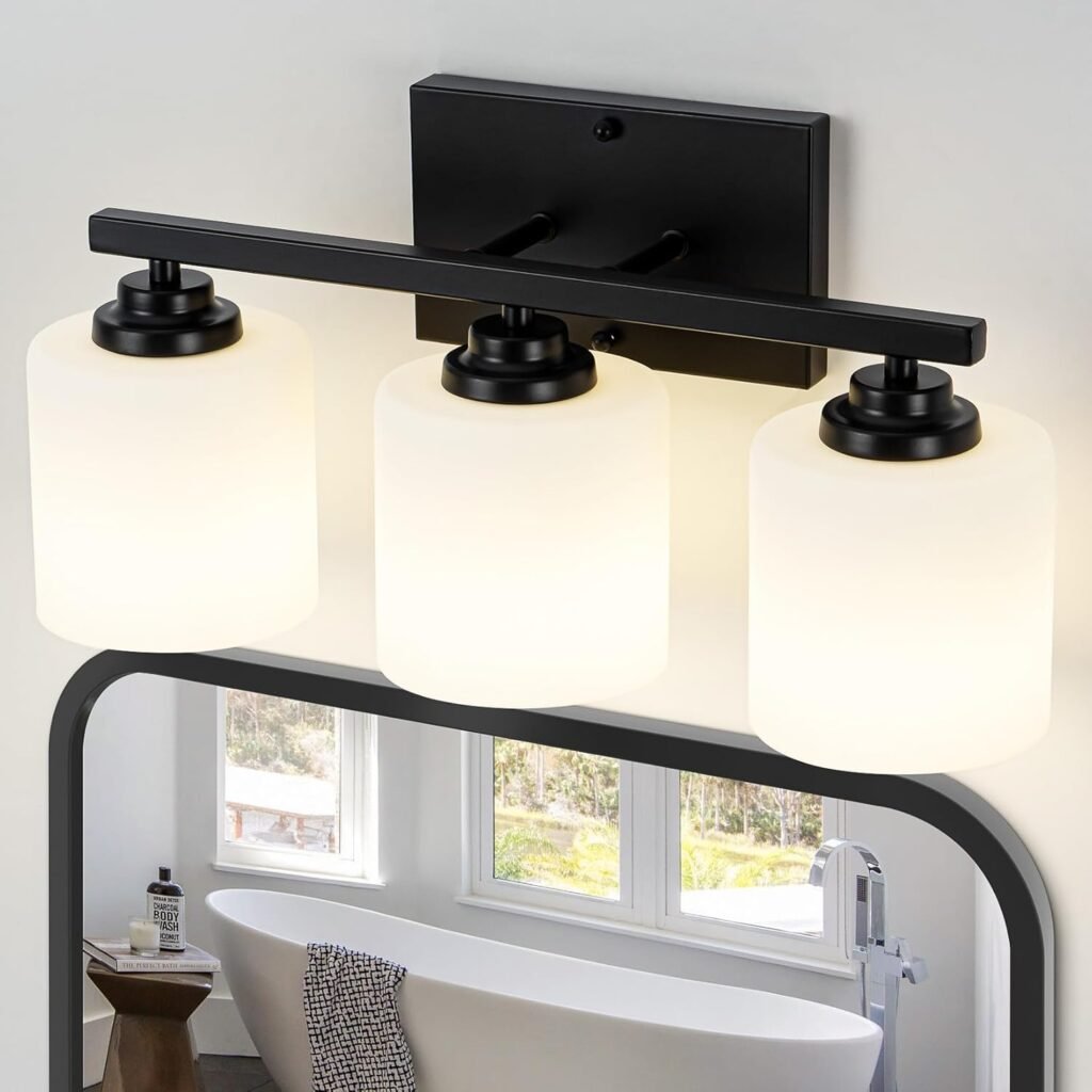 2-Light Black Bathroom Vanity Light Fixtures, Anti-Rust Vanity Lights Fixture for Bathroom, Modern Vanity Wall Sconces for Bedroom, E26 Base, Milky White Glass Shades, Bulbs Not Included