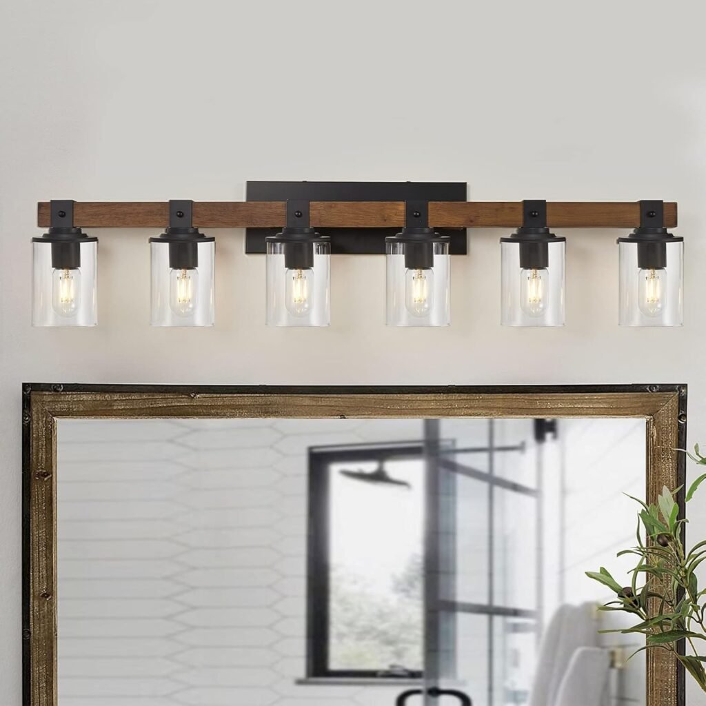 Farmhouse Bathroom Lights Over Mirror,6-Light Rustic Vanity Light Fixture with Clear Glass Shade,Indoor Wall Lighting for Living Room,Bedroom,Kitchen