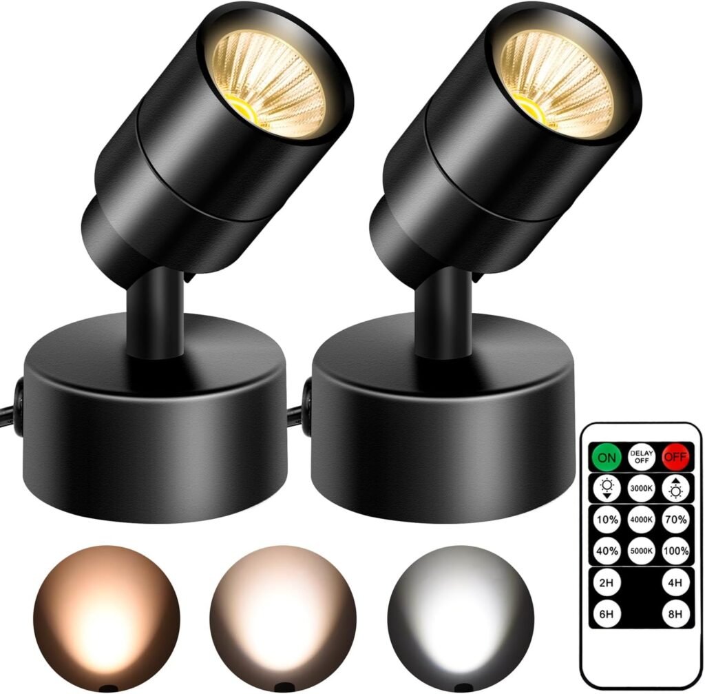 2 Pack Dimmable Spot Lights Indoor with Timer and Remote, 3000K/4000K/5000K Adjustable LED Up Lights,3W Plant Spotlight Indoor Uplighting, Indoor Accent Light for Plants